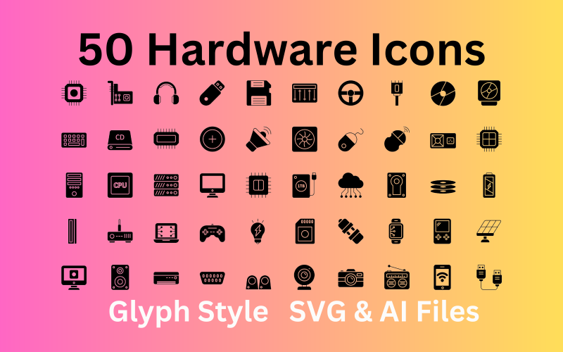 Sada hardwarových ikon 50 ikon glyfů – soubory SVG a AI