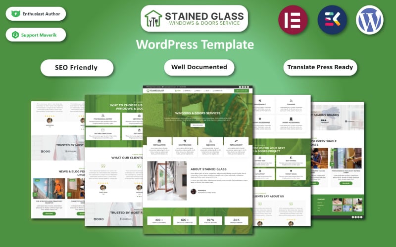 Buntglas – Fenster- und Türservices WordPress Elementor Vorlage
