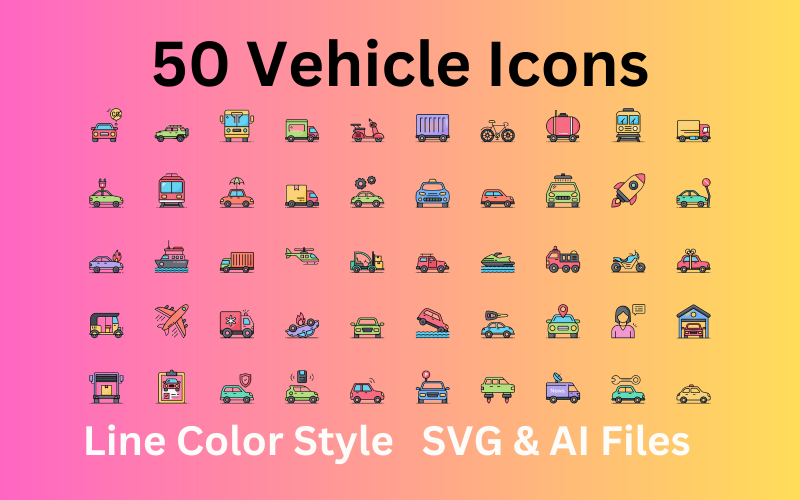 车辆图标集 50 线颜色图标 - SVG 和 AI 文件