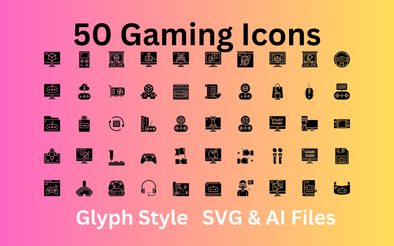 Conjunto de ícones de jogos com 50 ícones de glifo - arquivos SVG e AI