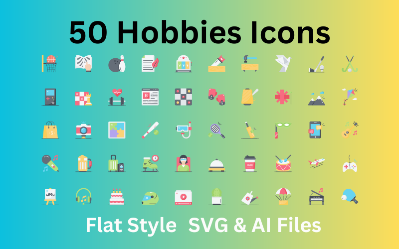 Conjunto de iconos de pasatiempos 50 iconos planos: archivos SVG y AI