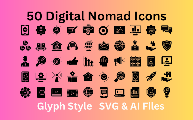 Digitális nomád ikonkészlet 50 karakterjel ikon - SVG és AI fájlok