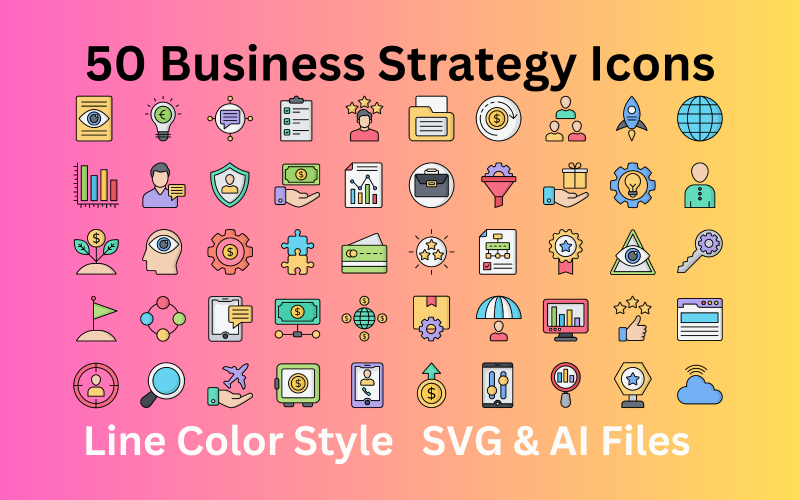 Набор иконок бизнес-стратегии, 50 цветных значков линий - файлы SVG и AI