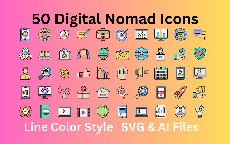 Sada ikon digitálních nomádů 50 barevných ikon - SVG a AI soubory