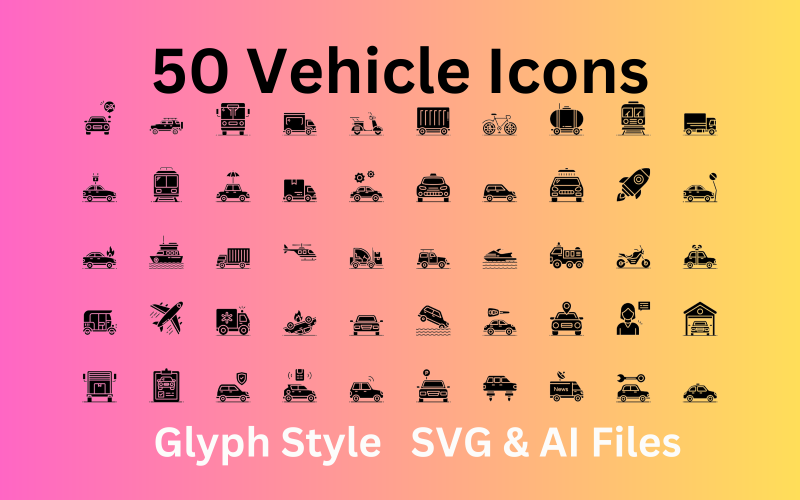Voertuig Icon Set 50 Glyph-pictogrammen - SVG- en AI-bestanden