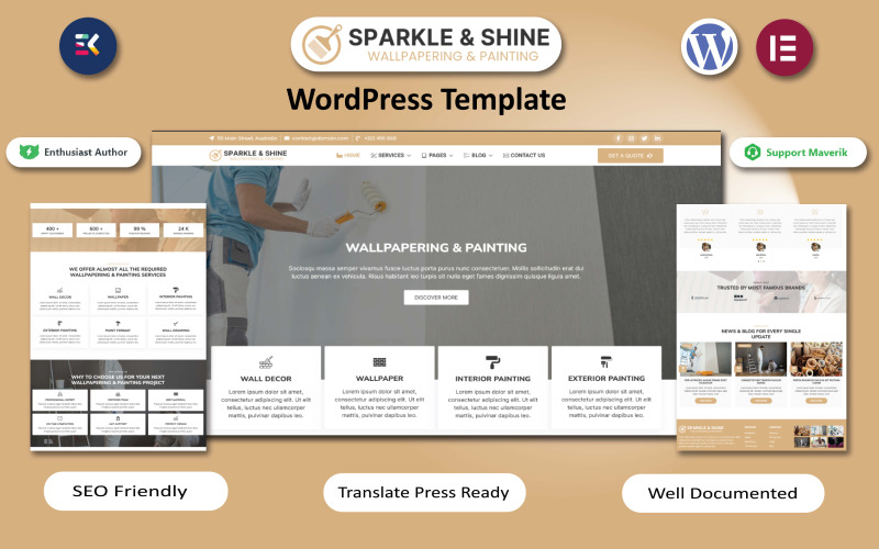 Sparkle & Shine – Duvar Kağıdı ve Boyama Hizmetleri WordPress Elementor Şablonu