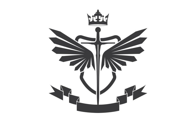 Vleugelzwaard en kroonkoning heer logo icoon v47