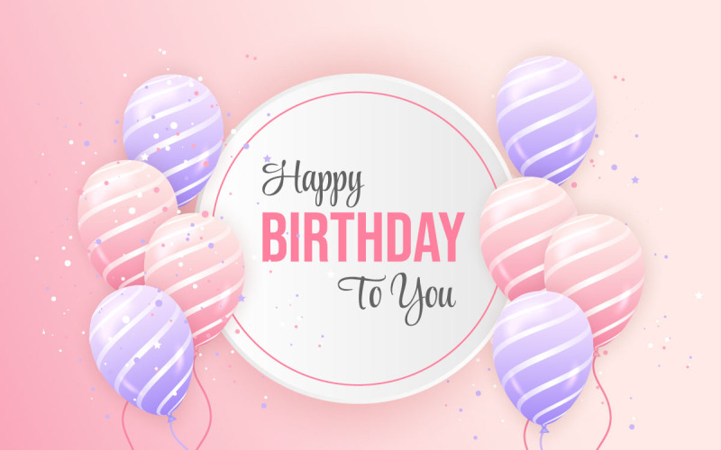 Alles Gute zum Geburtstag horizontale Illustration mit realistischem 3D-Luftballon und Konfitti in Rosa und Lila