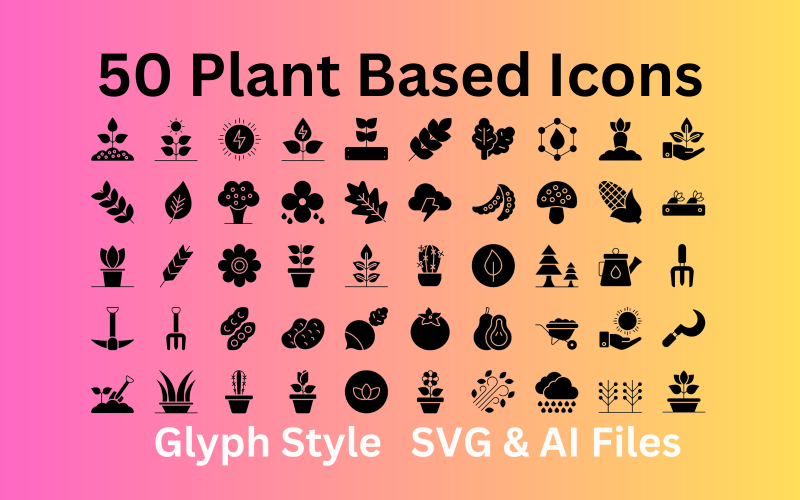 Conjunto de ícones baseados em plantas com 50 ícones de glifo - arquivos SVG e AI