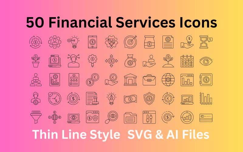 Conjunto de ícones de serviços financeiros 50 ícones de contorno - arquivos SVG e AI