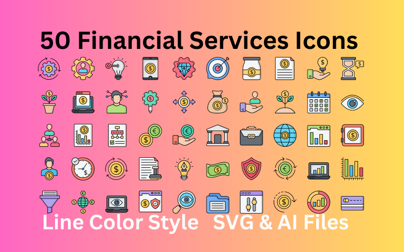 Conjunto de ícones de serviços financeiros com 50 ícones coloridos de linha - arquivos SVG e AI