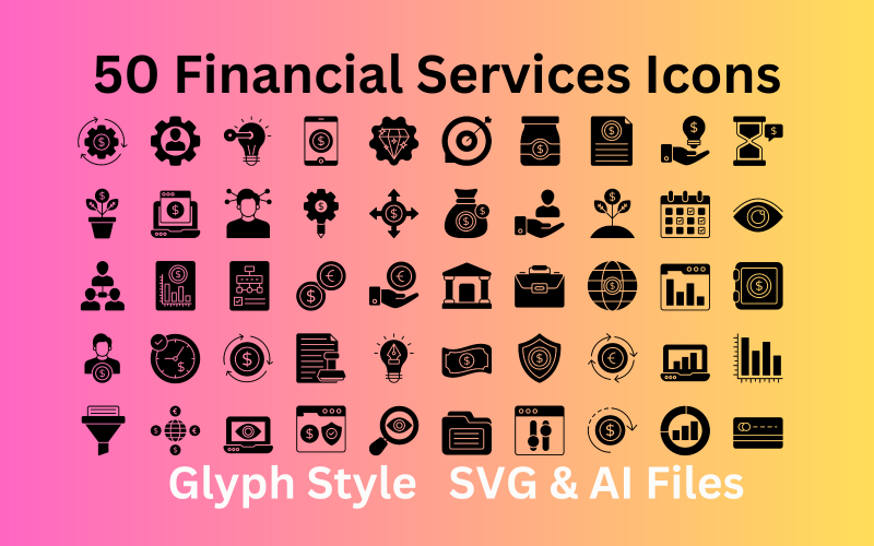 Conjunto de ícones de serviços financeiros com 50 ícones de glifo - arquivos SVG e AI