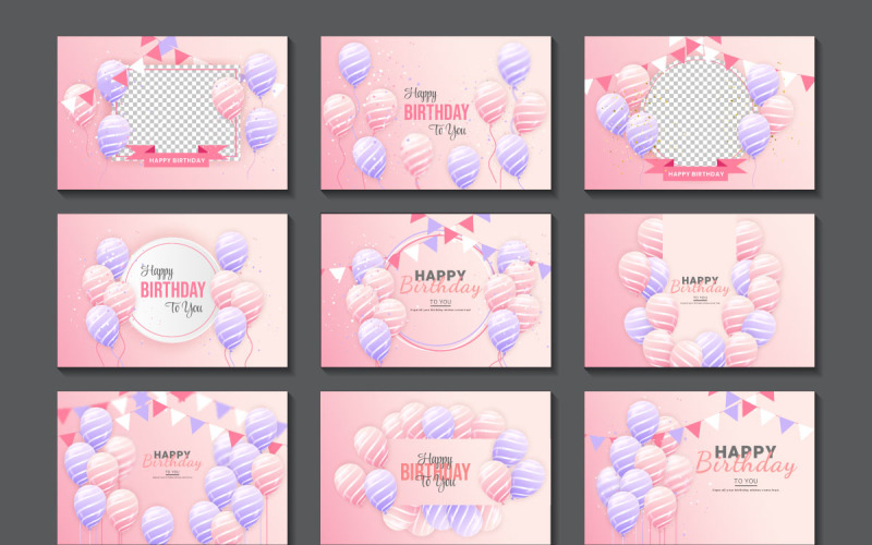 Happy birthday set  horizontal illustration with 3d realistic pink and purple balloon