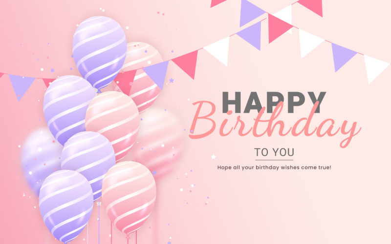 Illustrazione orizzontale di buon compleanno con palloncino rosa e viola realistico 3d sullo sfondo