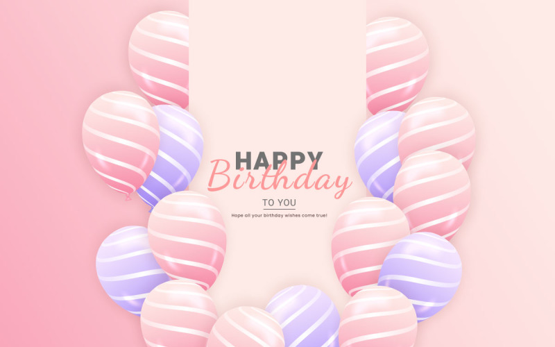 Illustrazione orizzontale di buon compleanno con palloncino rosa e viola realistico 3d