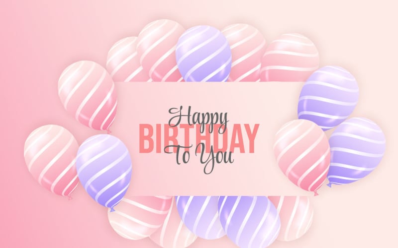 Illustrazione orizzontale di buon compleanno con sfondo rosa palloncino rosa e viola realistico 3d