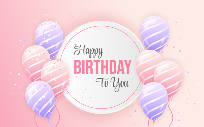 Ilustração horizontal de feliz aniversário com balão 3d rosa e roxo realista e confitti