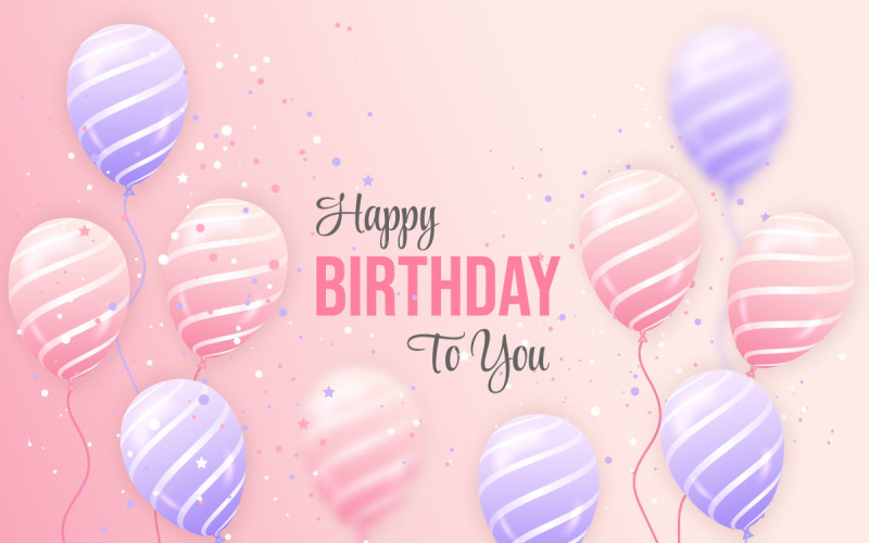 Ilustración horizontal de cumpleaños con globo rosa y morado realista en 3D.