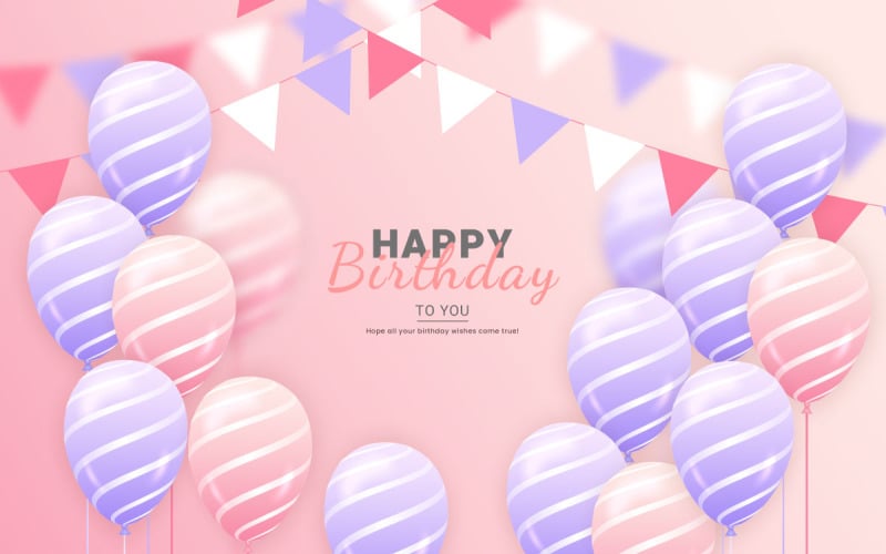 Ilustración horizontal de feliz cumpleaños con globo rosa y morado realista en 3d sobre fondo rosa
