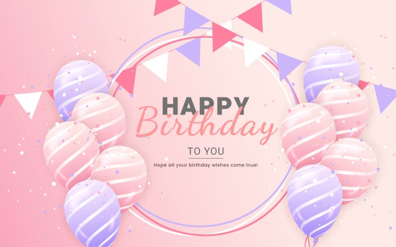 Ilustración horizontal de feliz cumpleaños con globos rosas y morados realistas en 3D