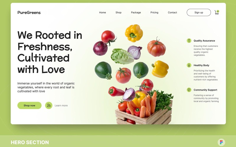PureGreens — szablon Figma z sekcją organicznych warzyw bohatera