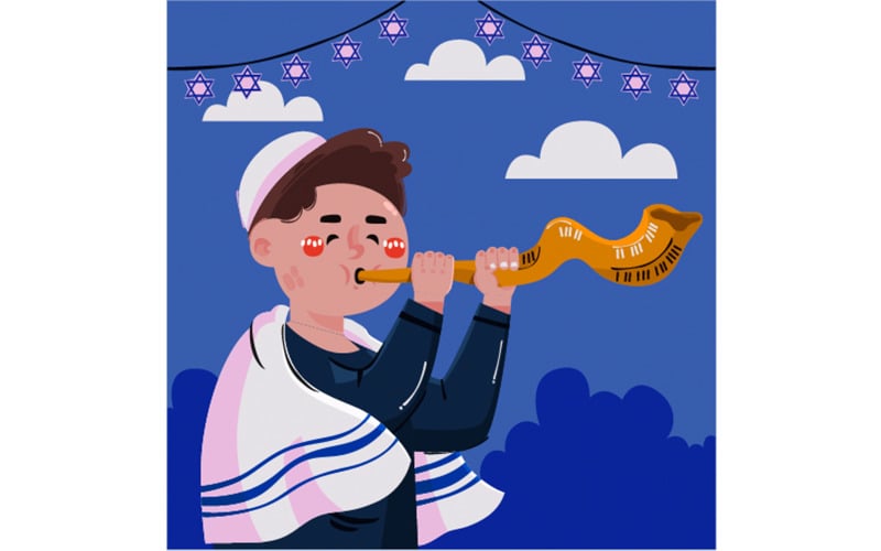 Young Jewish Boy Blowing Shofar Illustration