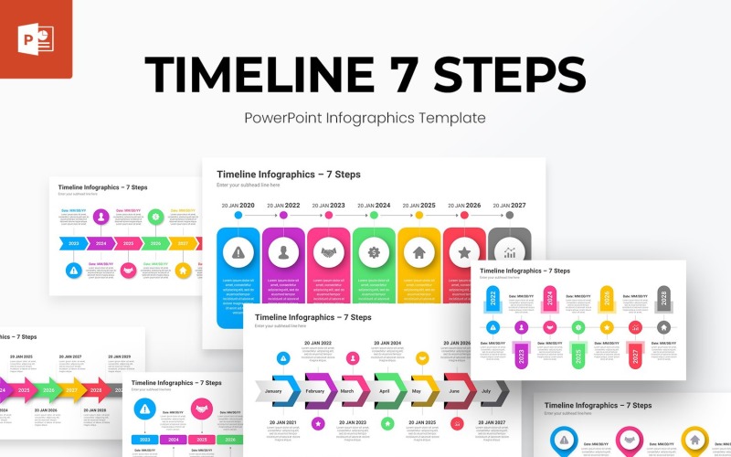 7 kroků Časová osa Infografika PowerPoint šablona