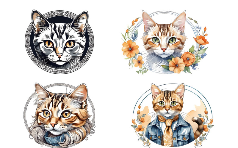 Kedi suluboya illüstrasyon cliparts seti