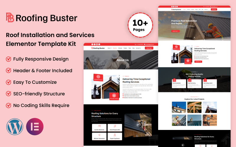 Roofing Buster - Kit de plantillas Elementor para instalación y servicios de techos