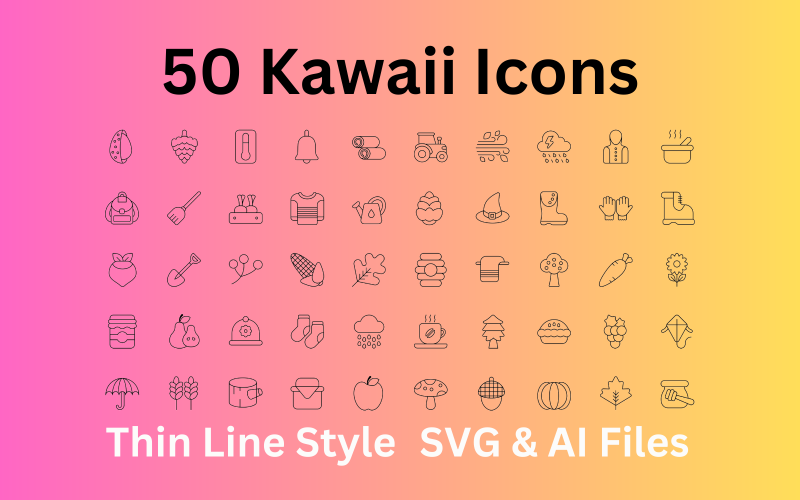 卡哇伊图标集 50 个轮廓图标-SVG 和 AI 文件