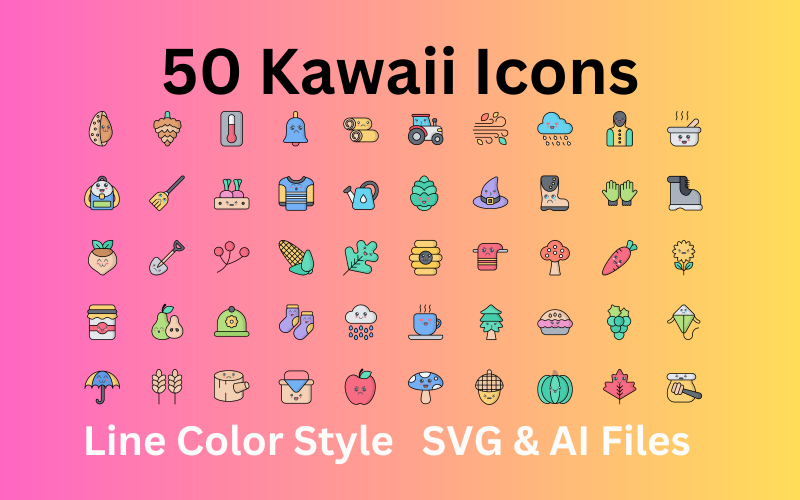 Набор иконок Kawaii: 50 цветных значков линий - файлы SVG и AI