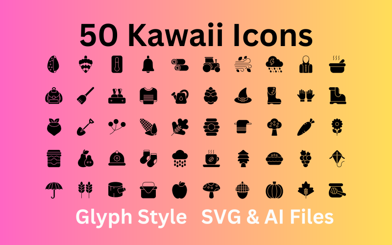 Набор иконок Kawaii, 50 иконок-глифов - файлы SVG и AI