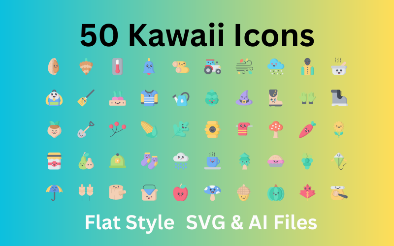 Набор иконок Kawaii, 50 плоских иконок - файлы SVG и AI
