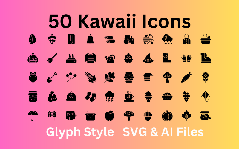 Sada ikon Kawaii 50 ikon glyfů - soubory SVG a AI