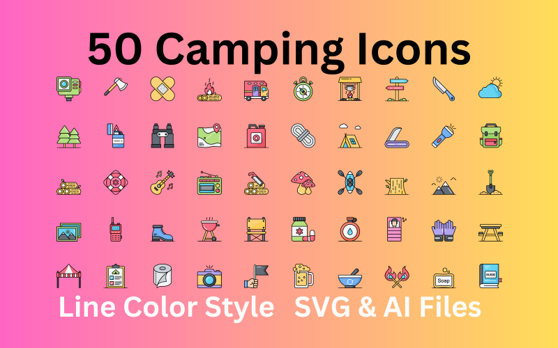 Set di icone da campeggio 50 icone a colori della linea - file SVG e AI