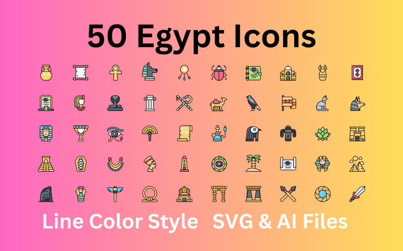 埃及图标集 50 线颜色图标-SVG 和 AI 文件