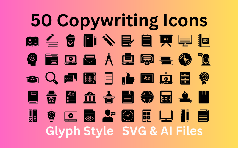 Copywriting Icon Set 50 Glyph-pictogrammen - SVG- en AI-bestanden