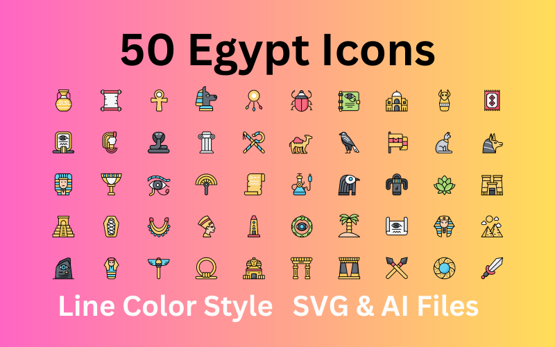 Egypten Ikonuppsättning 50 linje färgikoner - SVG och AI-filer