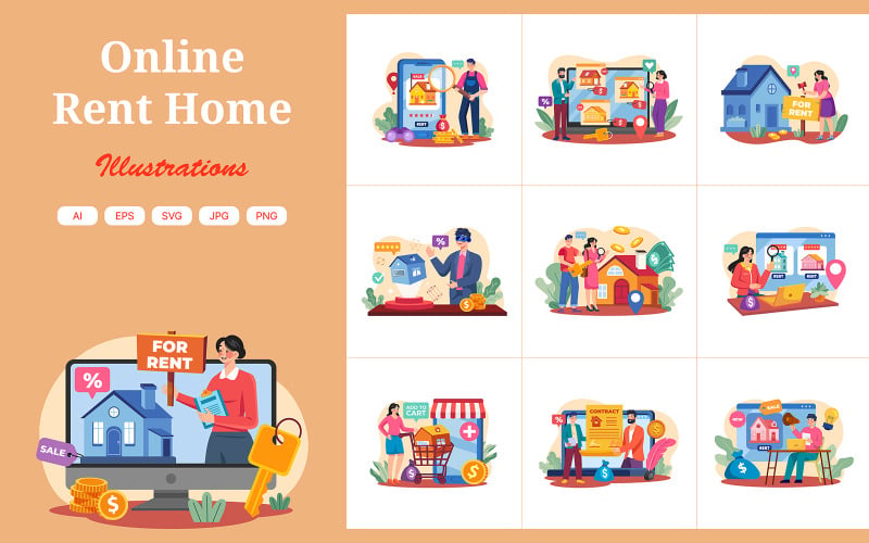 M624_ Pacote de ilustração de casa para aluguel on-line 1