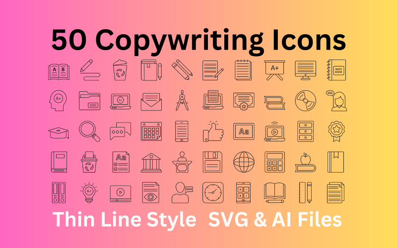 Set di icone per copywriting 50 icone di contorno - file SVG e AI