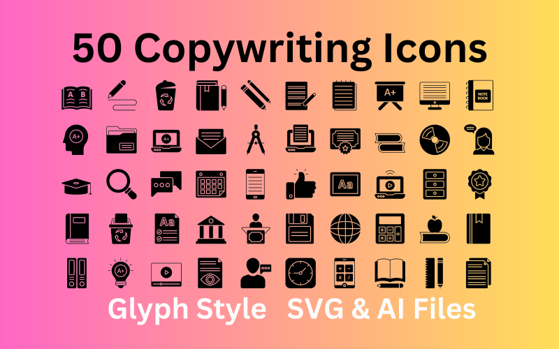 Set di icone per copywriting 50 icone di glifi - file SVG e AI