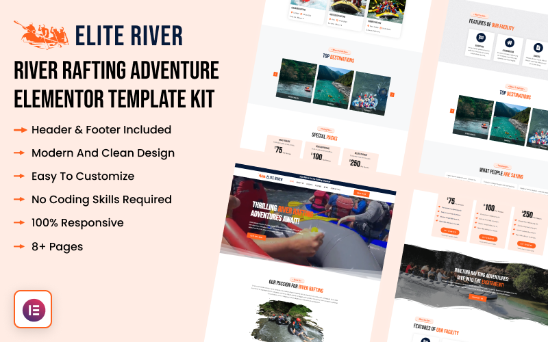 Elite River - Kit de modelo Elementor de aventura de rafting em rio