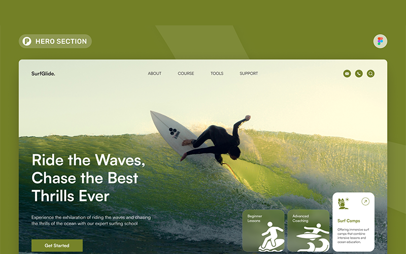 SurfGlide - Sörf Okulu Kahramanı Bölümü Figma Şablonu