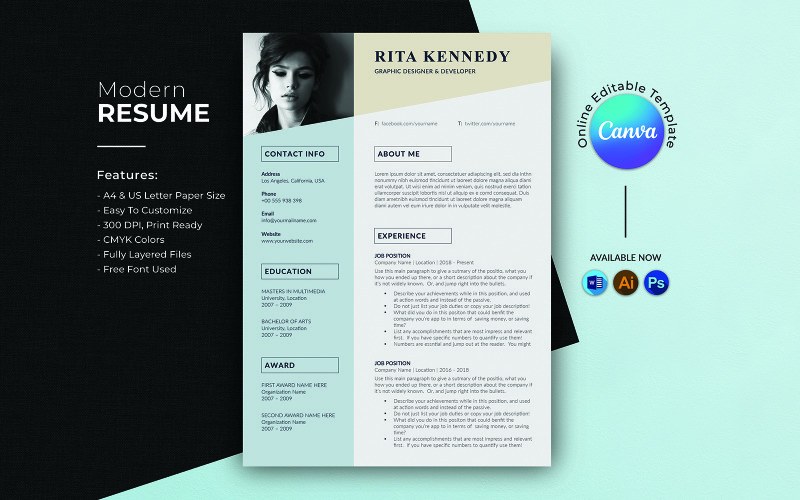 Рита Кеннеди Шаблон резюме графического дизайнера и разработчика