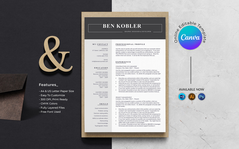 Ben Kobler 平面设计师简历模板