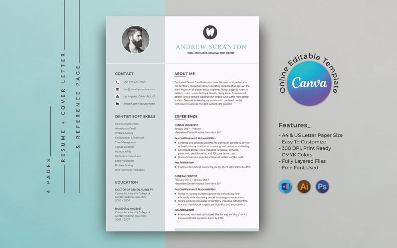 Canva fogászati önéletrajz sablon