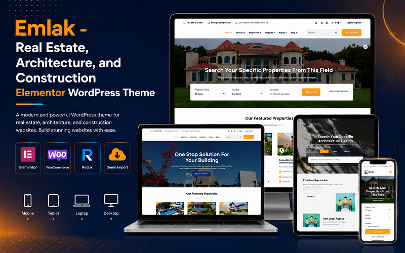 Emlak - Elementor WordPress-tema för fastigheter, arkitektur och byggnation