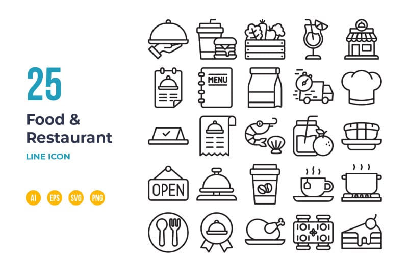 Icono de comida y restaurante en contorno de línea