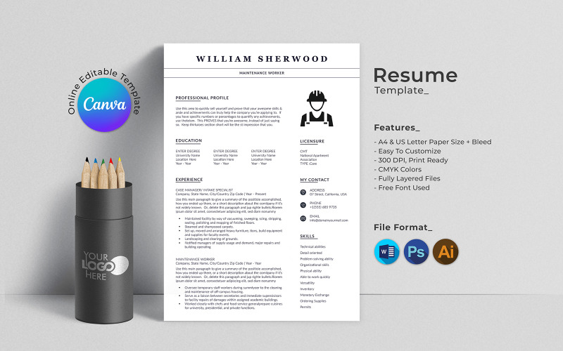 Modello di curriculum professionale modificabile in Canva e Word