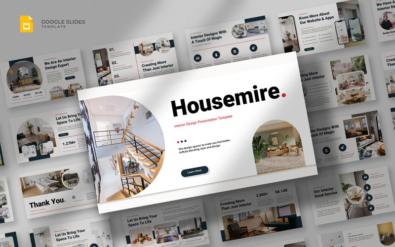 Housemire — szablon prezentacji Google dotyczący projektowania wnętrz